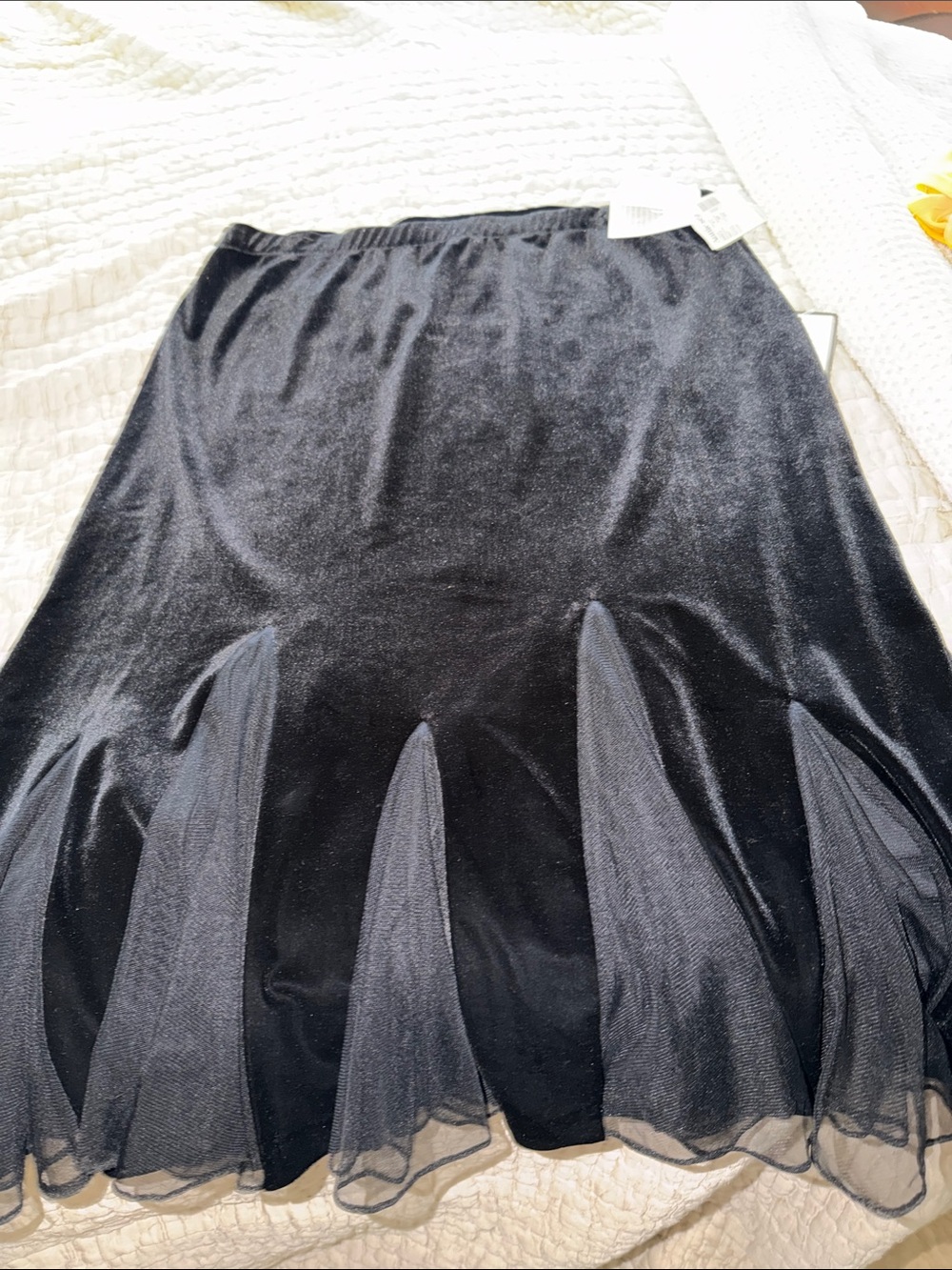 Xscape Black A-Line Skirt with Chiffon Petal Hem see thru large stretchy elastic
